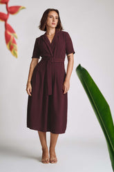 Lapel Collared Midi Dress Maroon
